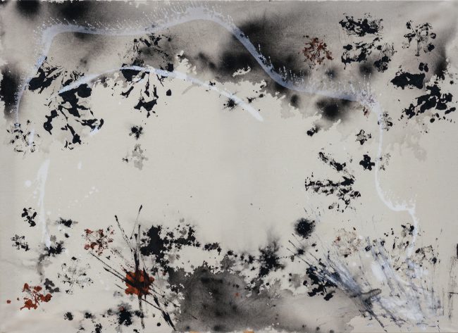 Schwere Tropfen seh‘ ich schweben an der grünen Blätter Saum, Acryl und Dusche auf Nessel, 2020, 80x110cm