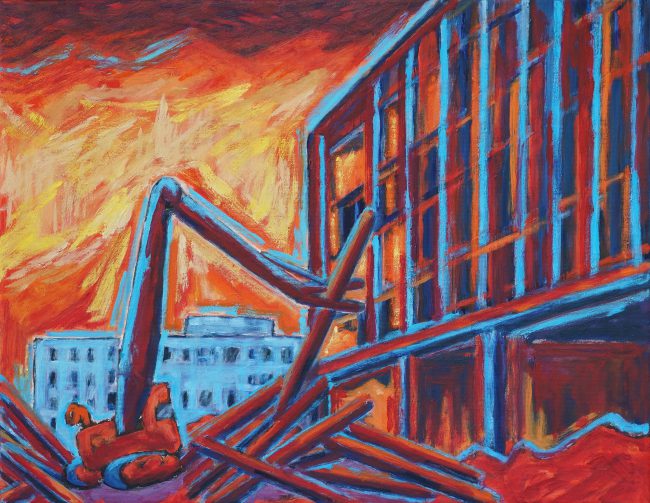 Rot sehen II, (Abriss der Fachhochschule Potsdam), Öl auf Leinwand, 2019, 70 x 90 cm