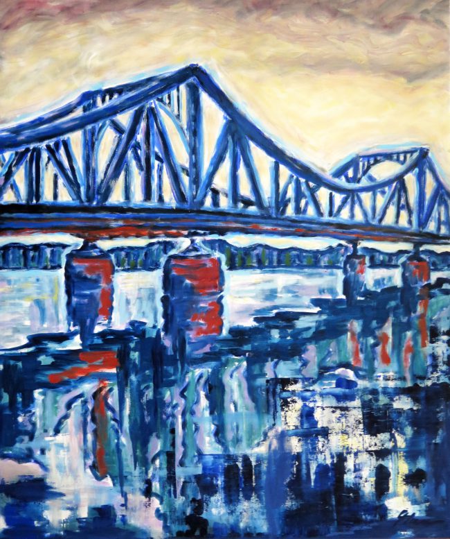 Ute Manoloudakis, Glienicker Brücke in blau, Öl auf Leinwand, 2017, 95 x 80 cm
