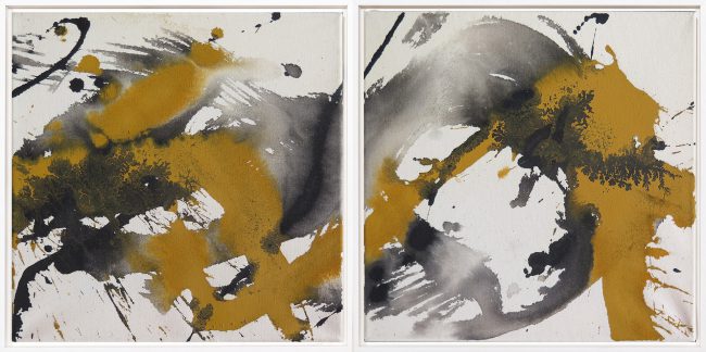 Götterfunken, Gouache, Acryl und Regenwasser auf Nessel, Diptychon, 2023, je 31×31 cm