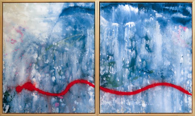 Passage, Acryl und Regenwasser auf Nessel, Diptychon, 2023, je 60×50 cm