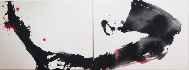 Transit, Acryl und Regenwasser auf Nessel, Diptychon, 2023, je 30×40 cm