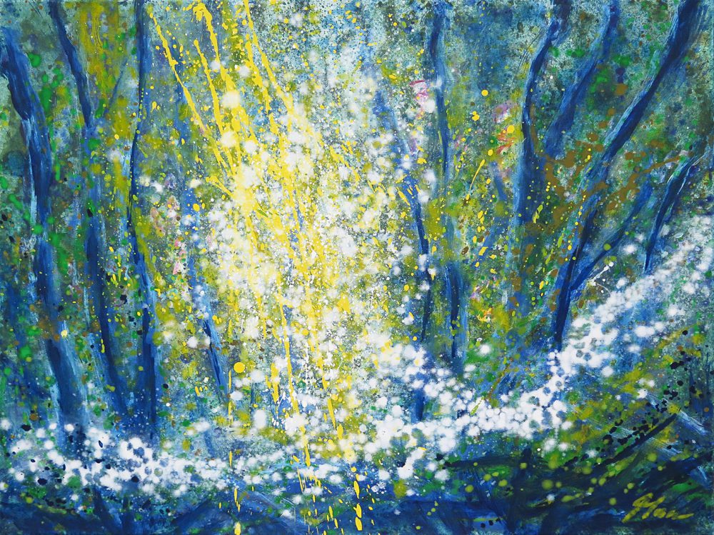 Der Lenz lacht in den Saal, Mischtechnik auf Leinwand, 2024, 75×100 cm