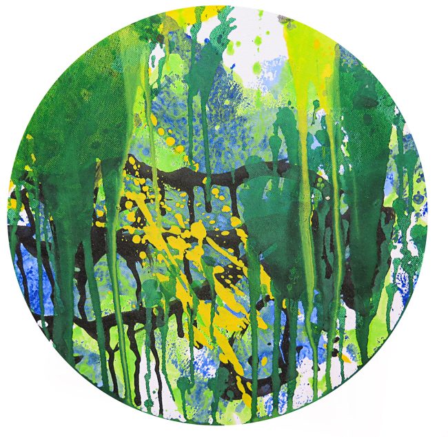 Dschungel, Acryl und Öl auf Leinwand, 2025, Ø 40 cm