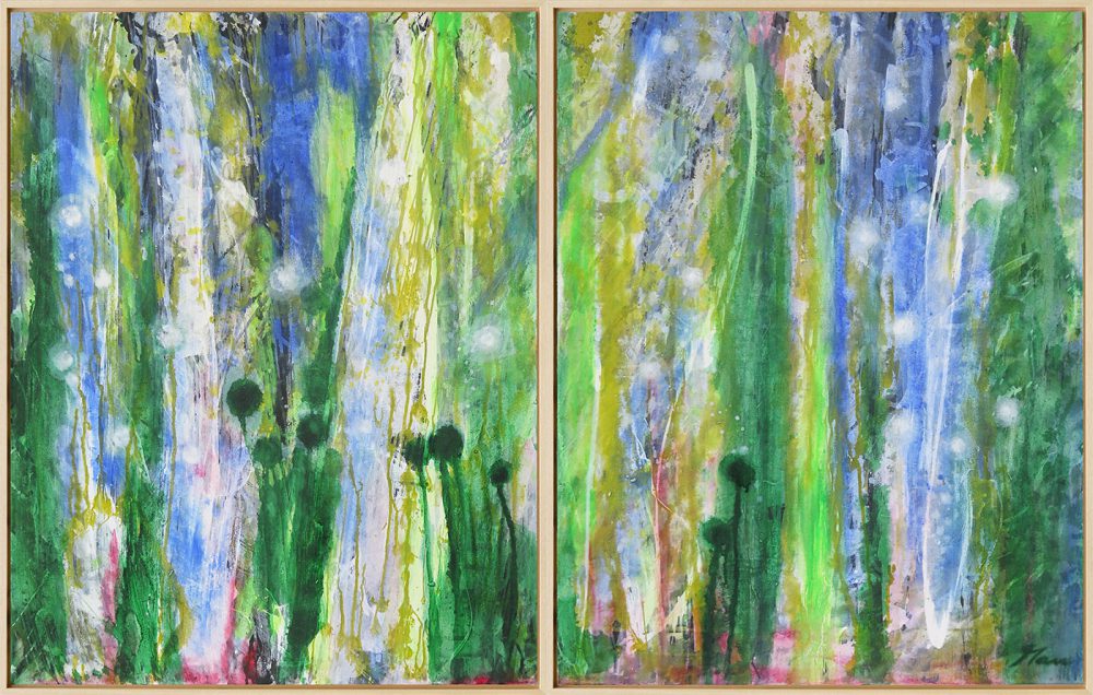 Wie dünkt mich doch die Aue heut‘ so schön!, Mischtechnik auf Nessel, 2025, Diptychon gesamt 90×140 cm