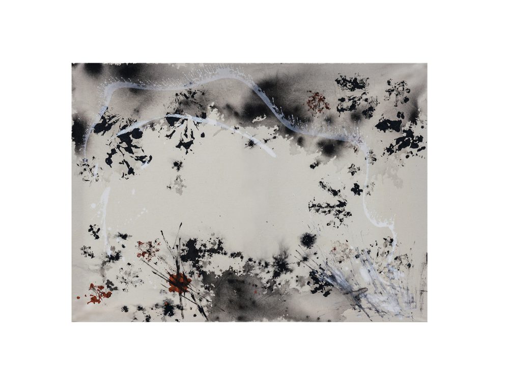 Schwere Tropfen seh‘ ich schweben an der grünen Blätter Saum, Acryl und Dusche auf Nessel, 2020, 80x110cm